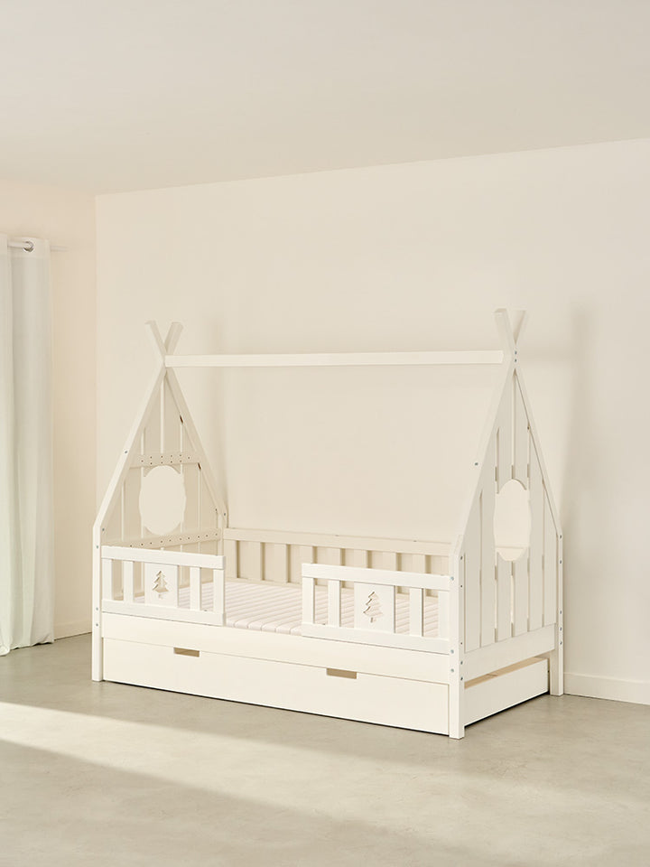 DAKOTA WHITE children's cabin bed with 2 rails, made of fir wood, including storage drawer.