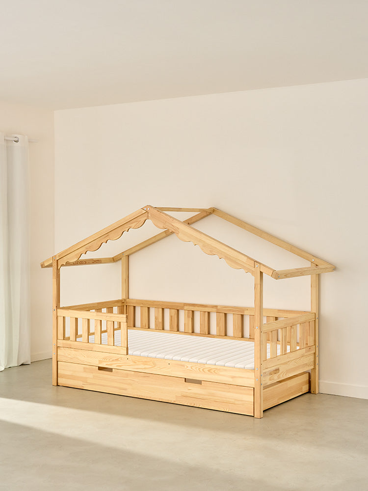 cabin bed CHAMONIX natural wood, classic rail, storage drawer included.