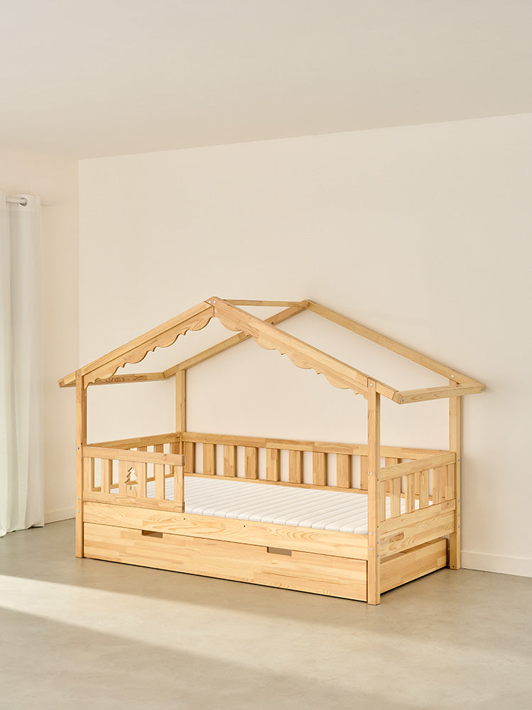 CHAMONIX children's cabin bed in natural wood with fir rails and drawer, cabania style.