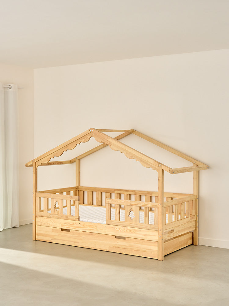 CHAMONIX cabin bed in natural wood for children, 2 rails and storage drawer, solid fir.