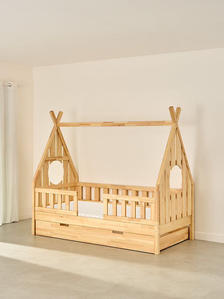 Dakota children's cabin bed in natural wood with 2 classic rails and storage drawer.