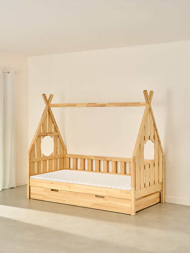 DAKOTA children's cabin bed in natural wood with drawer, Scandinavian design.