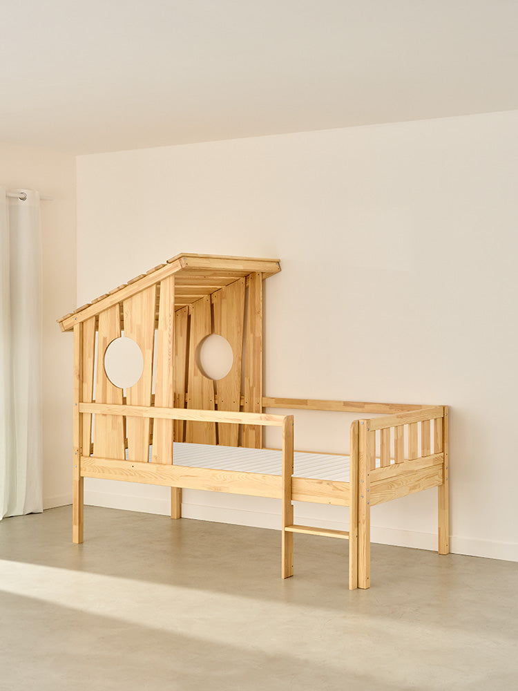 Children's cabin bed in natural OLERON wood, slatted base, Scandinavian eco-responsible design for a baby boy or girl's bedroom.