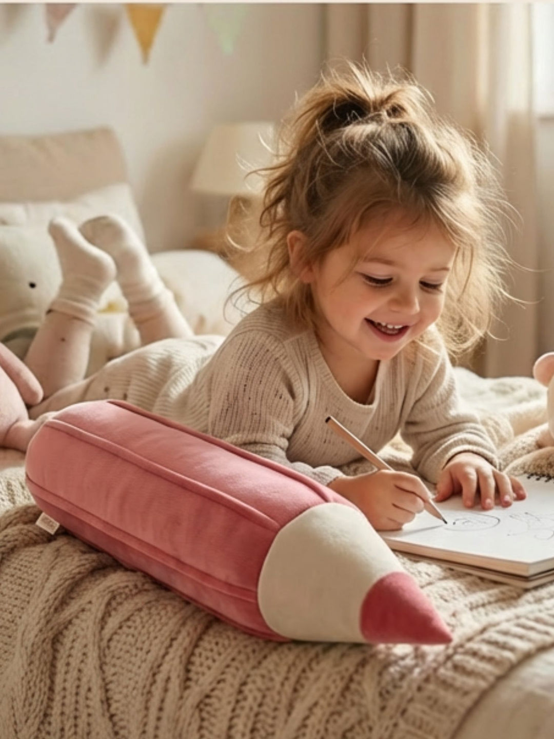 Pink corduroy pencil cushion for children's bedrooms 