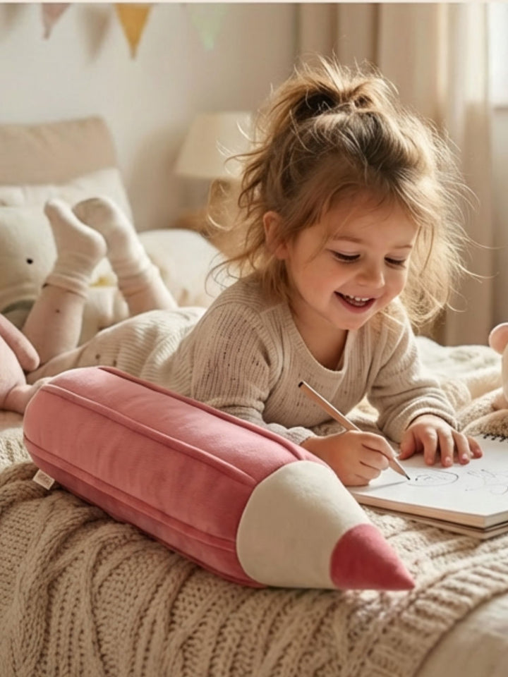 Pink corduroy pencil cushion for children's bedrooms 