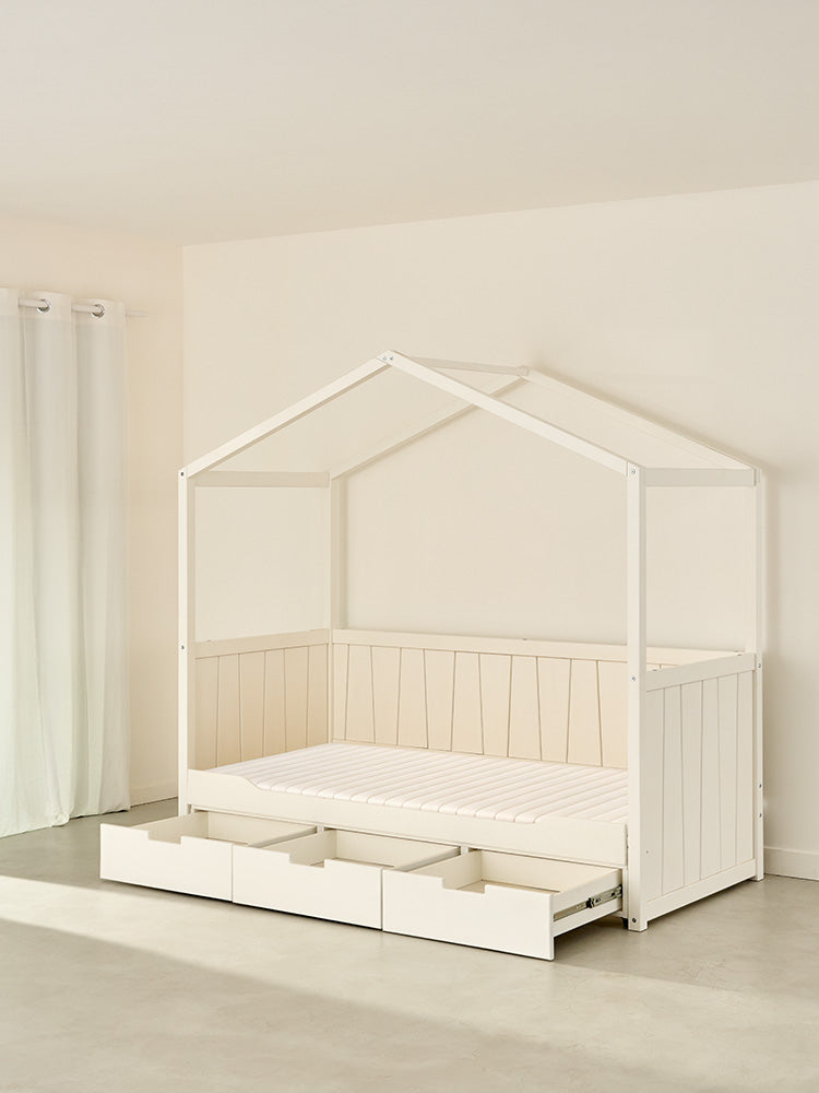 Calvi white trundle cabin bed , drawers open to reveal an extra bed