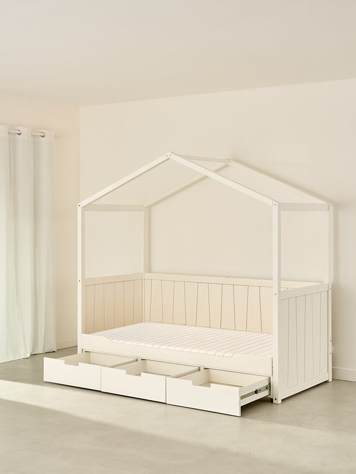 Calvi white trundle cabin bed , drawers open to reveal an extra bed