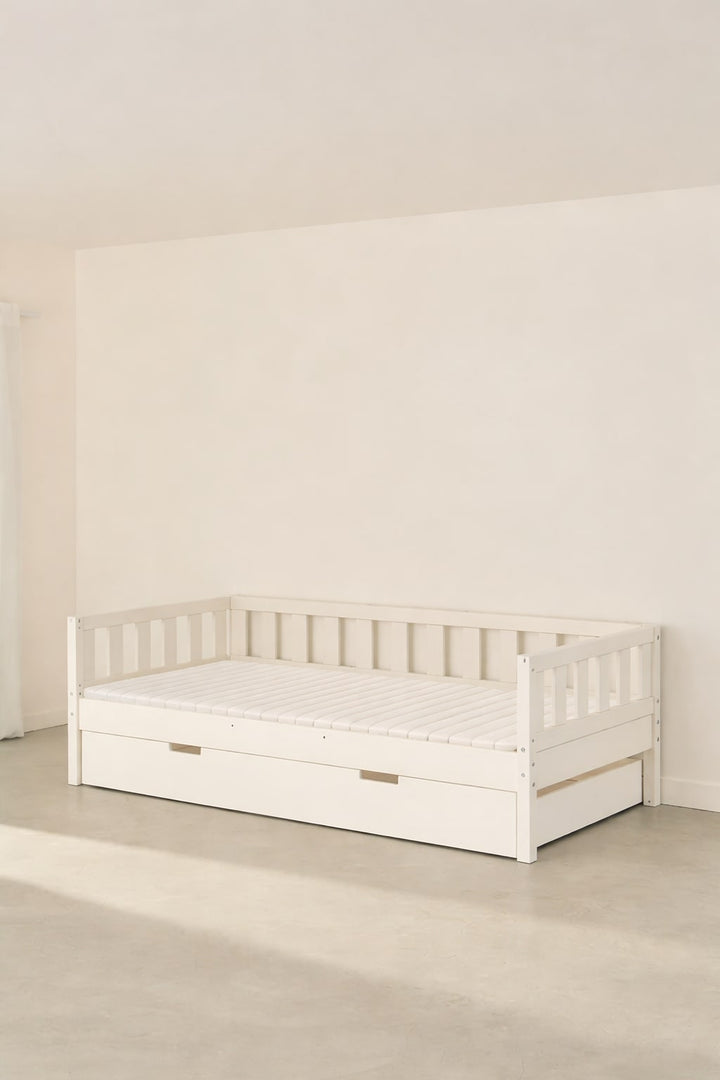 Barcelona white convertible children's bed with drawer, without side rail, modern nursery.