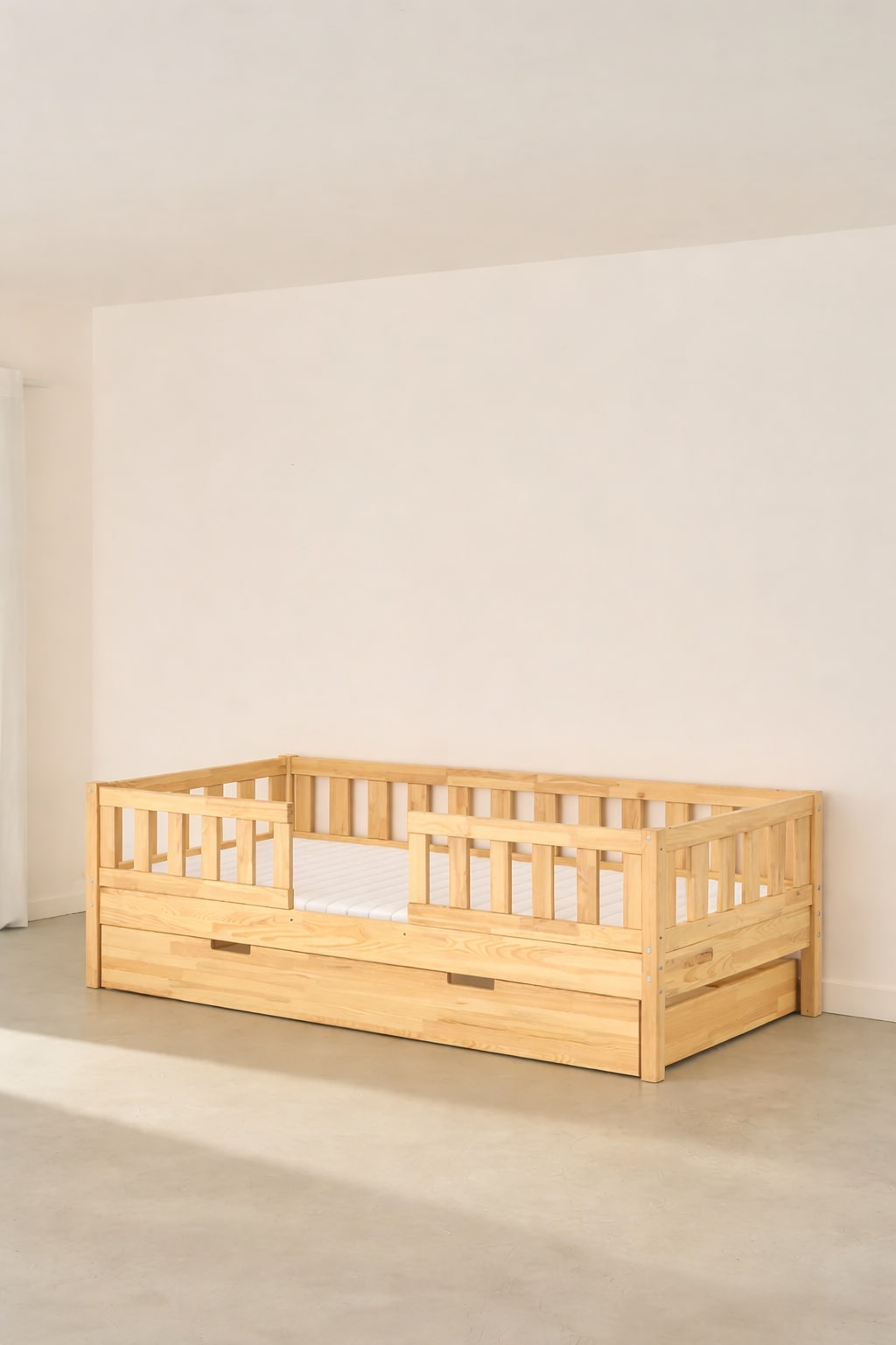 Barcelona natural convertible children's bed with classic rails and storage drawer