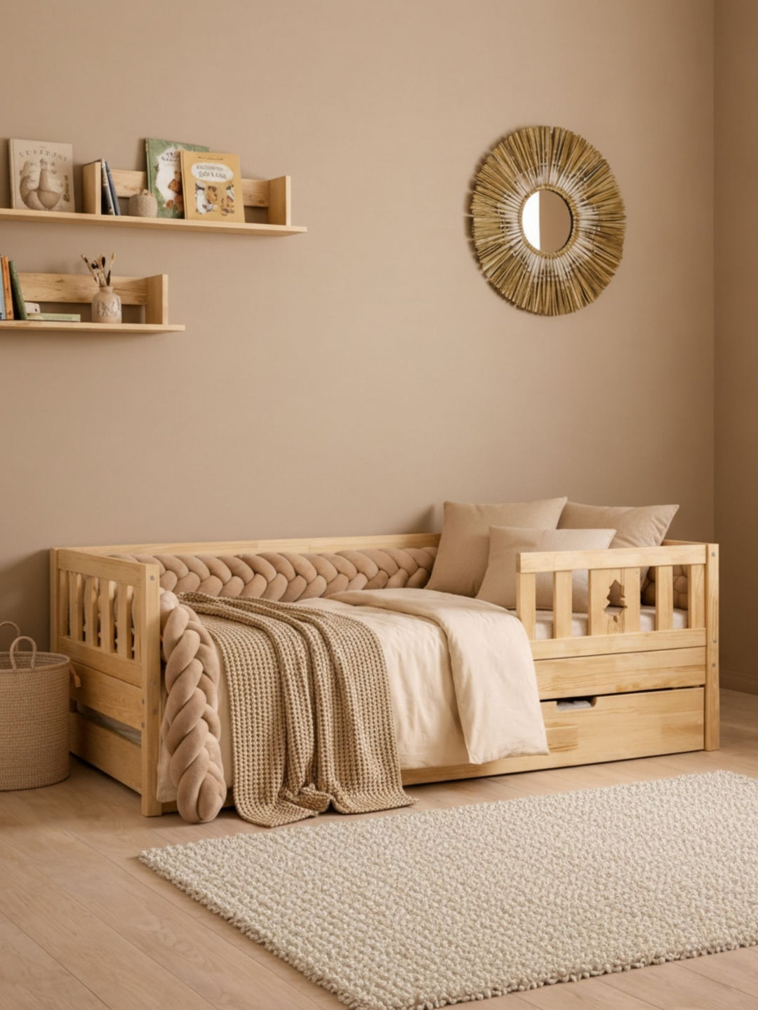 Montessori Barcelona convertible bed in solid pine with heart-shaped rails in a natural finish