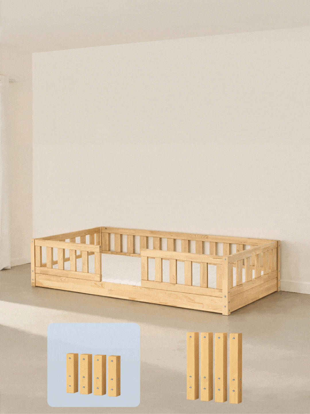 Evolving Montessori bed with height adjustment kit included. Easy to assemble and adjust.